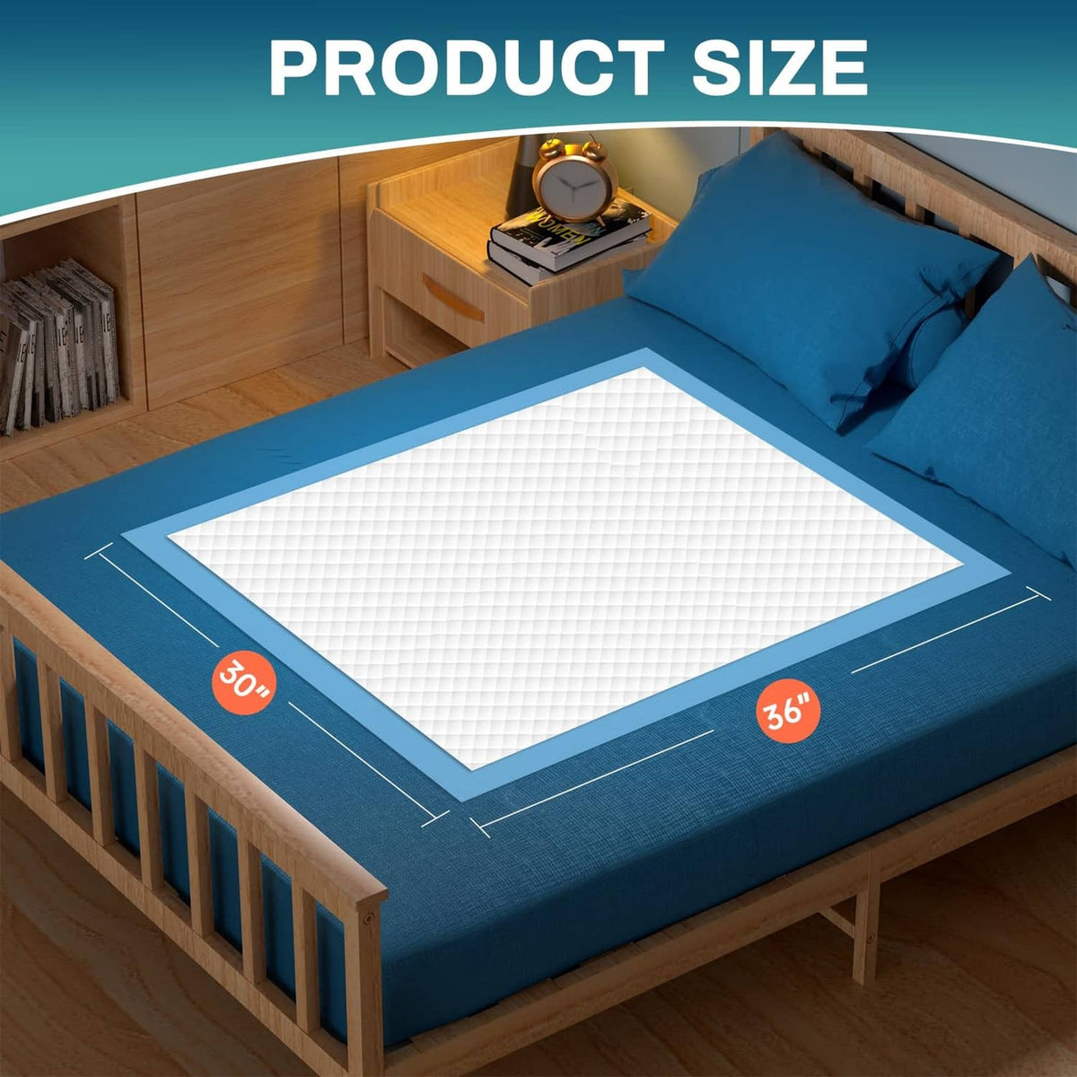 Disposable bed pad on a bed in blue, featuring a white absorbent square, 30"x36"
