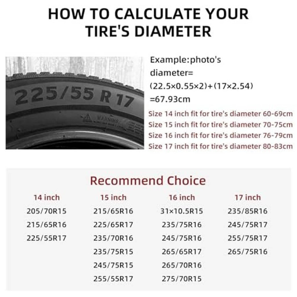 Spare tire size guide graphic showing tire diameter and recommended cover sizes