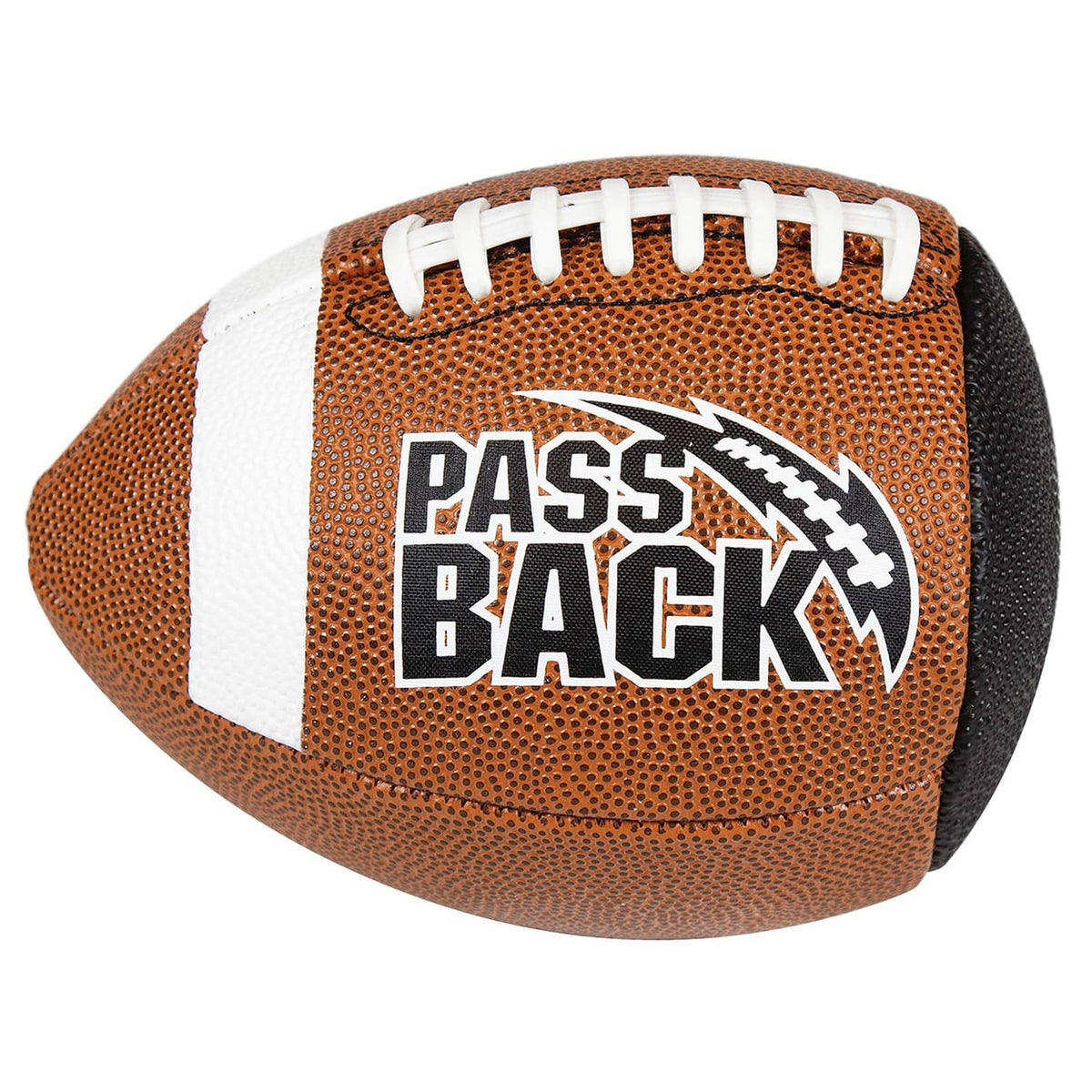 Youth composite football in orange with white stripes and Pass Back logo