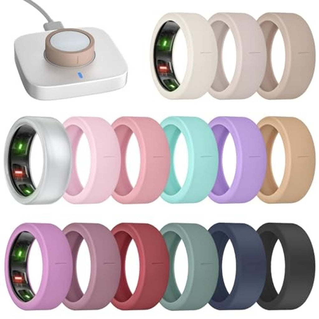 Assorted ultra-thin ring covers in white, pink, mint, purple, tan, and dark colors.