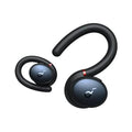Black true wireless sport earbuds with over-ear hooks, charging-ready case pairing.