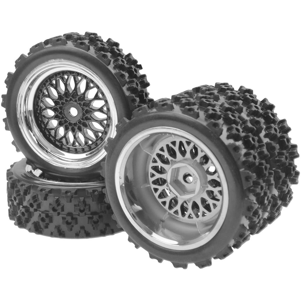 RC on-road tire and wheel set, black tread with silver multi-spoke rims