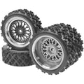 RC on-road tire and wheel set, black tread with silver multi-spoke rims