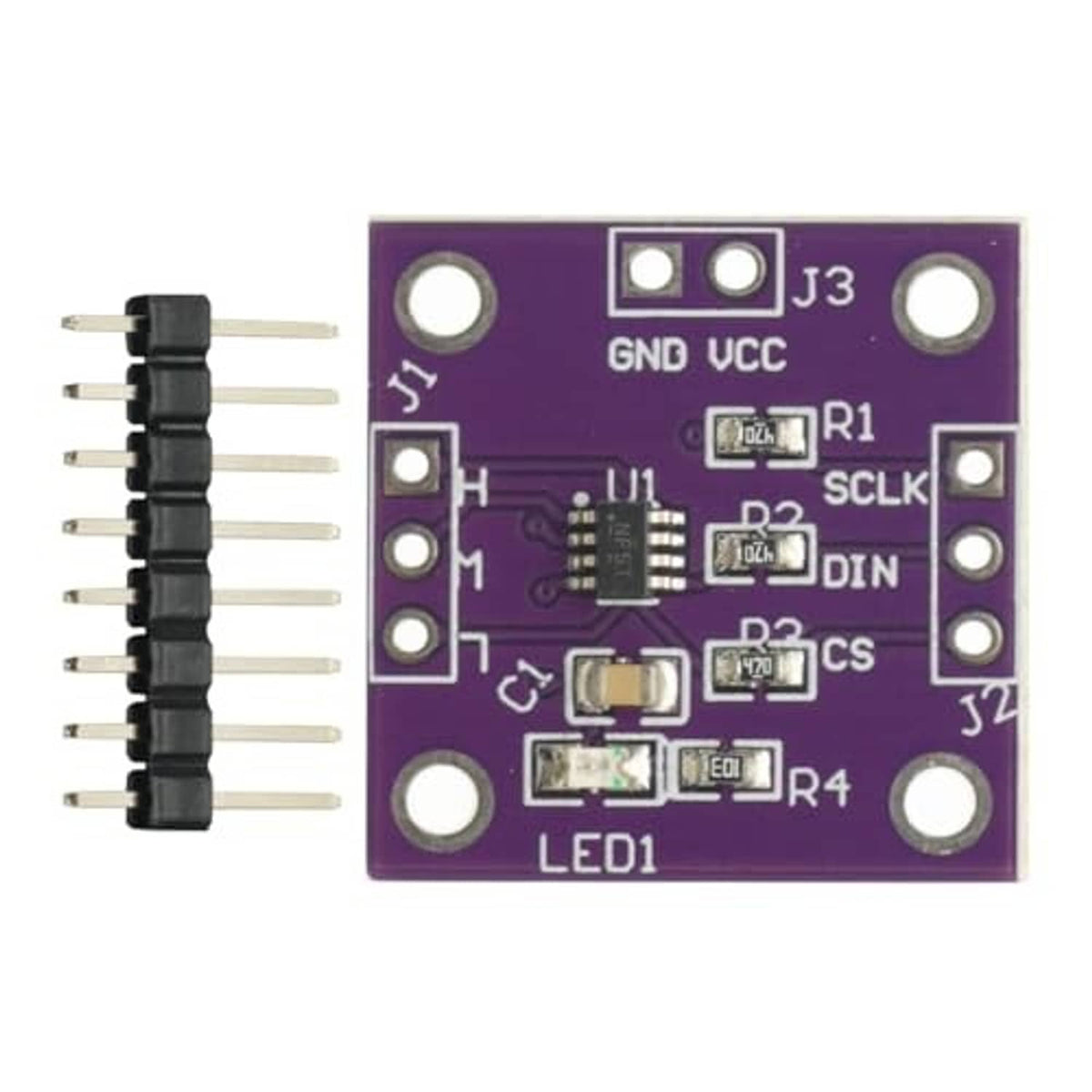 Digital potentiometer module close-up with purple PCB, 10-pin header, and labeled terminals.