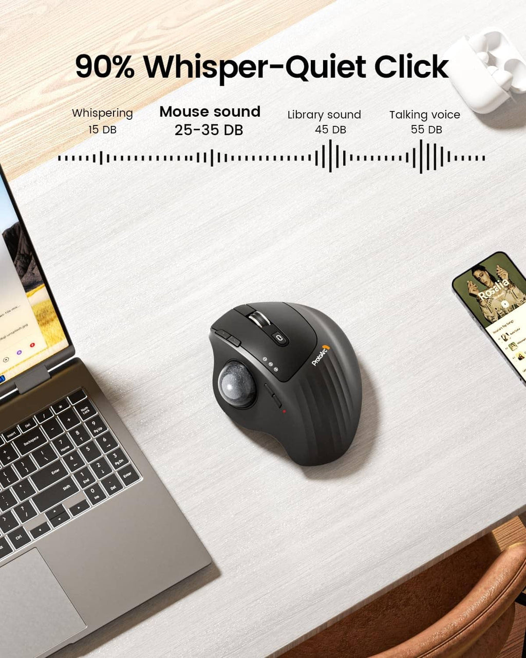 Compact wireless trackball mouse on desk with two side click controls and trackball
