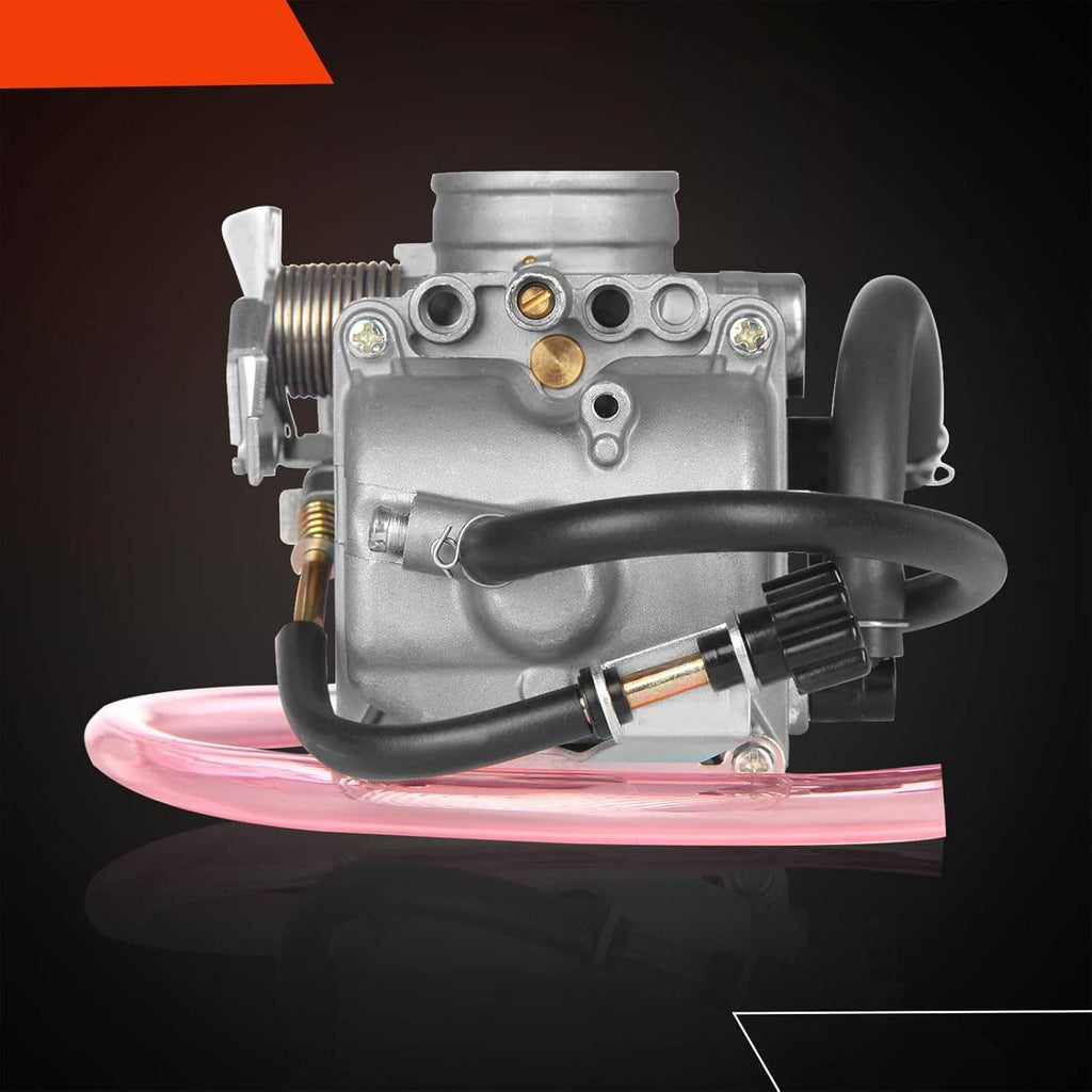 Carburetor with black intake tube and pink fuel line, metal body