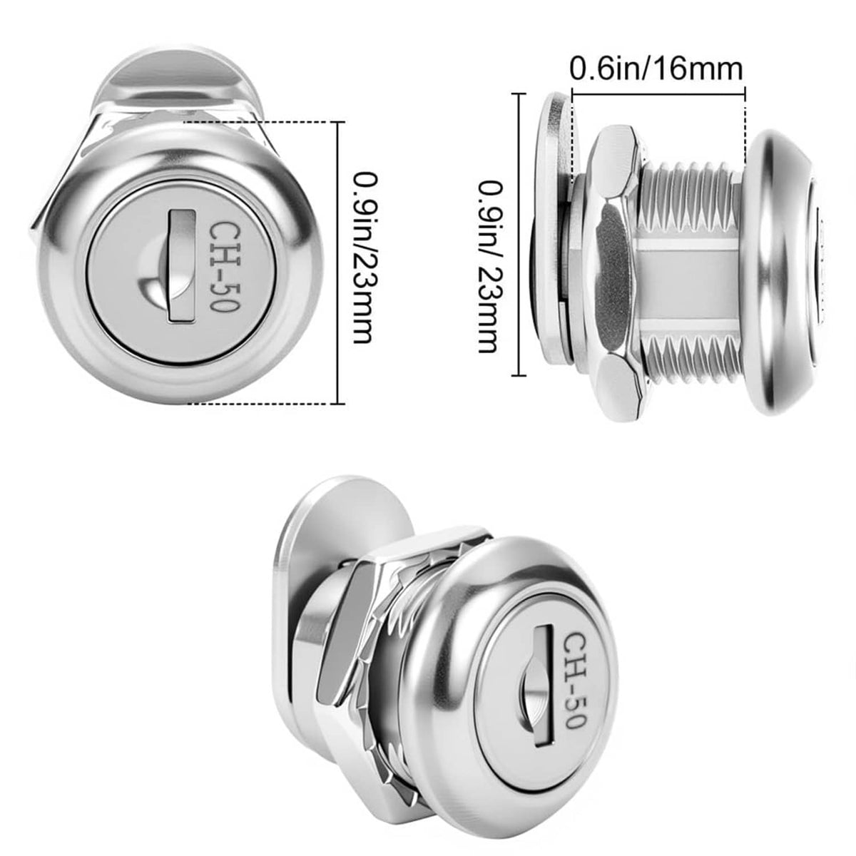 Truck toolbox lock cylinder with CH-50 core, front and side view with measurements