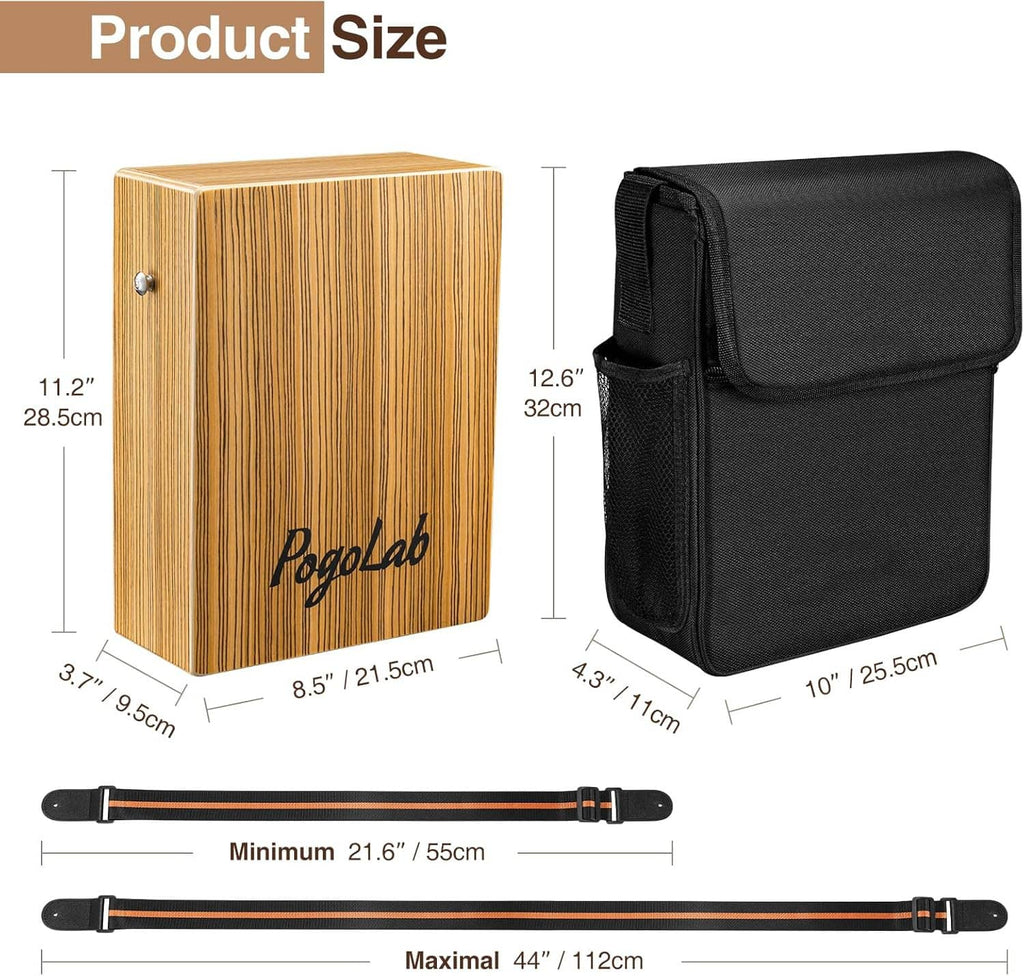 Wooden cajon drum with black carry case and adjustable shoulder strap