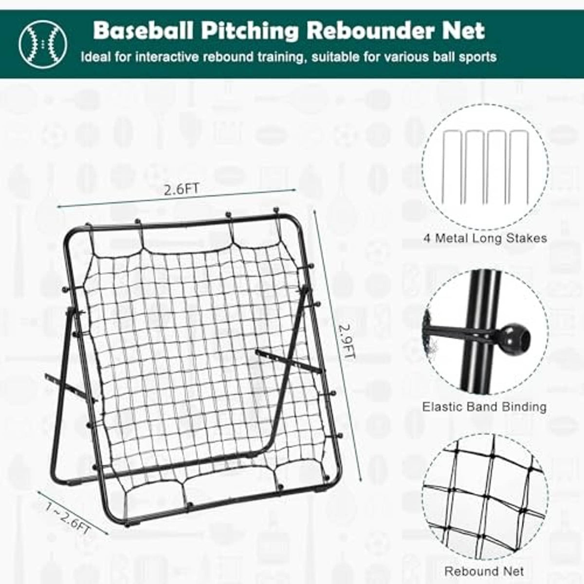 Rebounder net with black frame, white grid mesh, and four long metal stakes