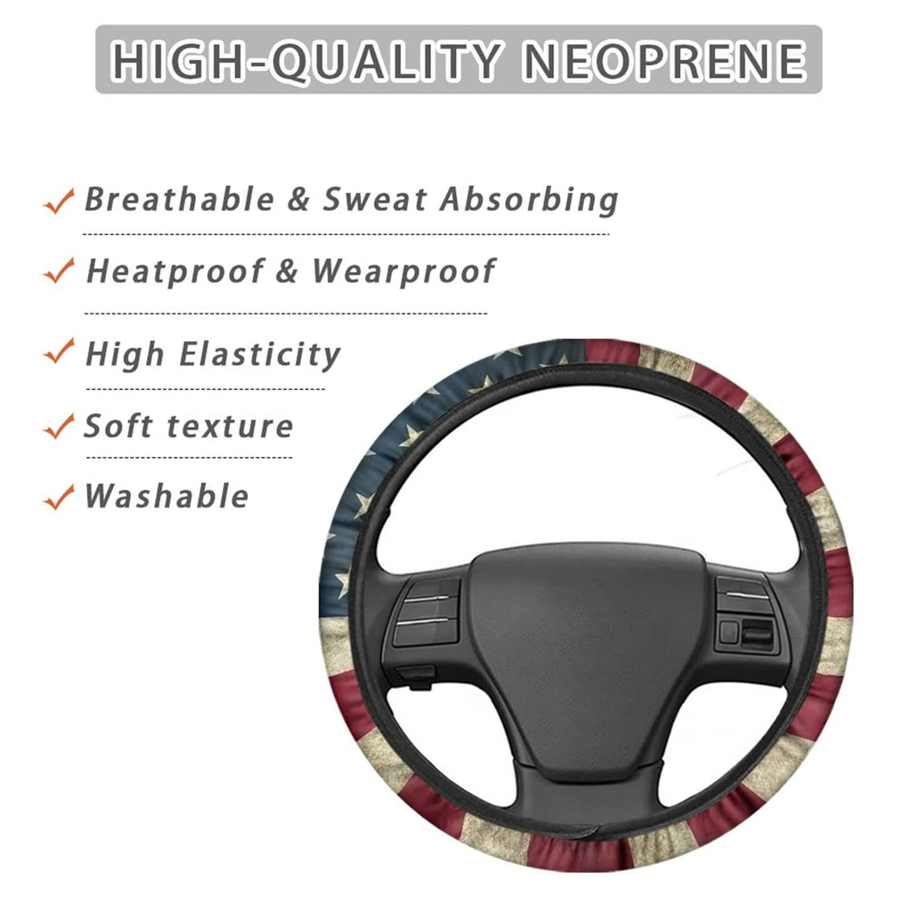 American flag steering wheel cover with black center and stitched edge