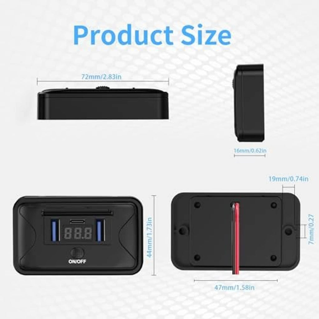 Black USB charging panel with front and back mounting holes, shown with compact dimensions