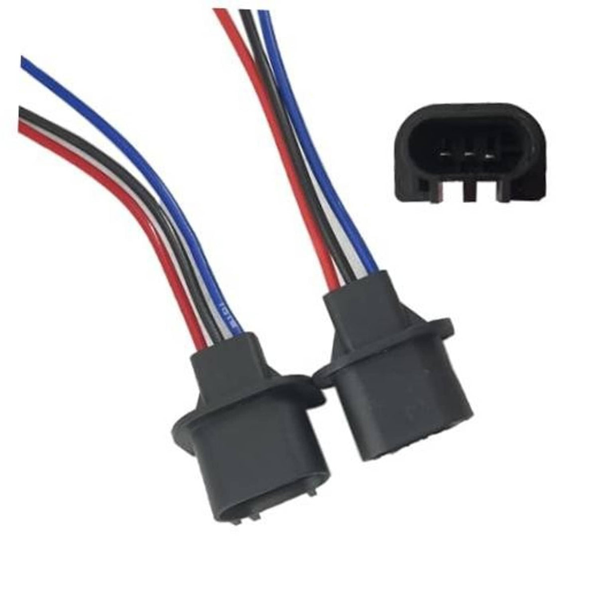 H13-style headlight harness plug pair, black sockets with red and blue wire leads