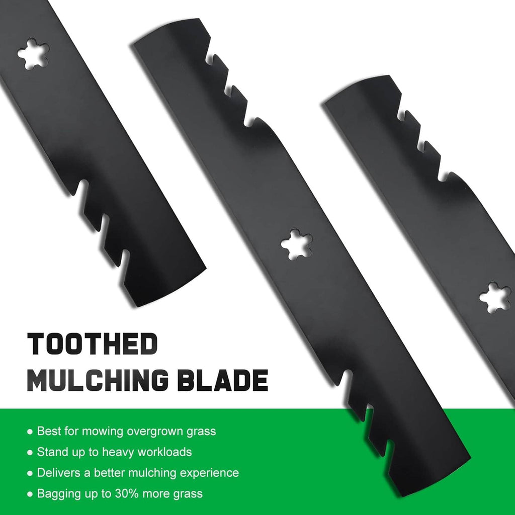 Toothed mulching mower blades with jagged cutting edges and star center holes