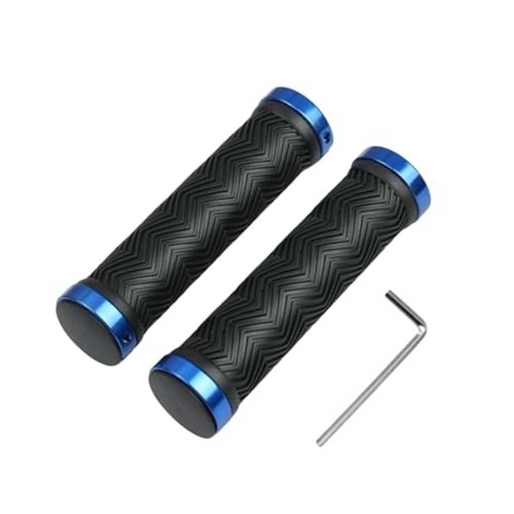 Bike handlebar grips set with black zigzag rubber, blue aluminum caps, and hex key.