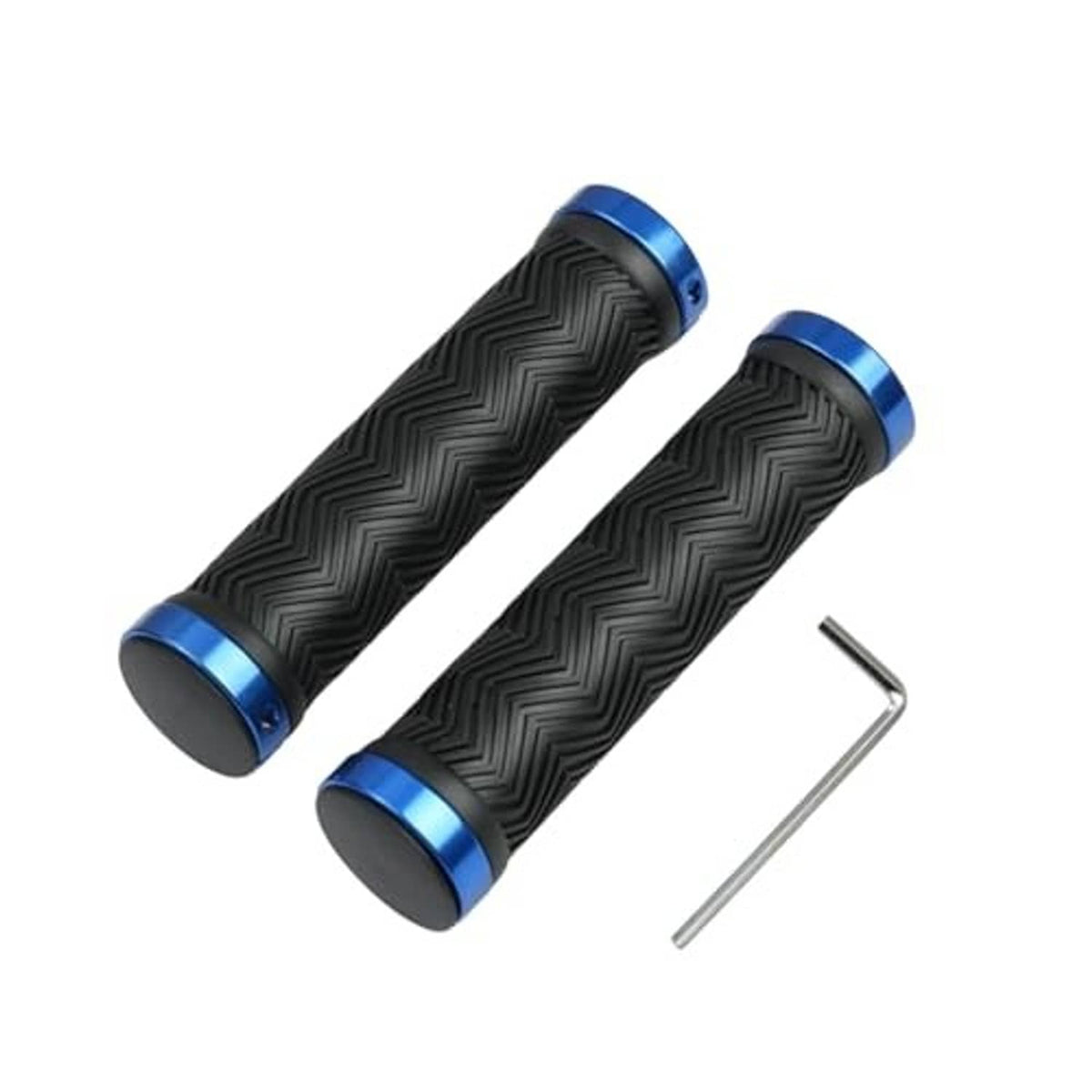 Bike handlebar grips set with black zigzag rubber, blue aluminum caps, and hex key.