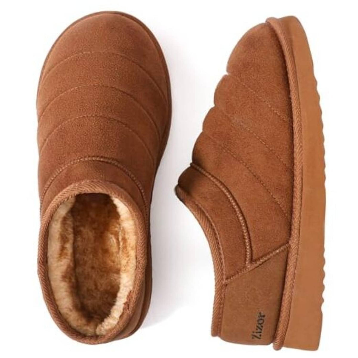 Tan two-tone men’s fur-lined suede house shoes slippers, showing toe and side profile.