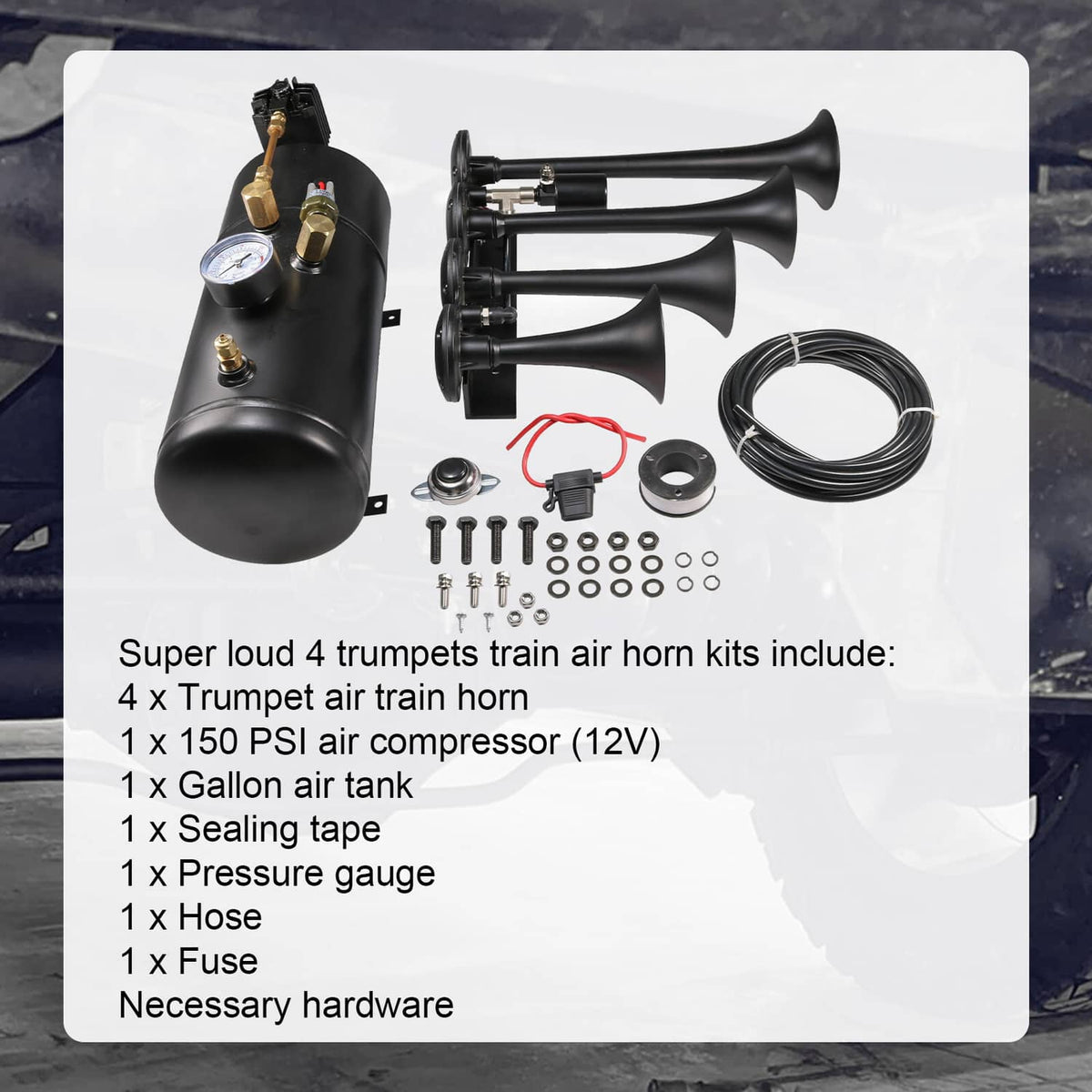 4-trumpet train air horn kit with black air tank, four horns, hose, and bolts