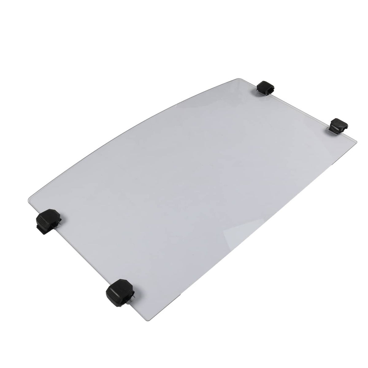Front windshield panel with black corner mounts, clear tinted plastic sheet.