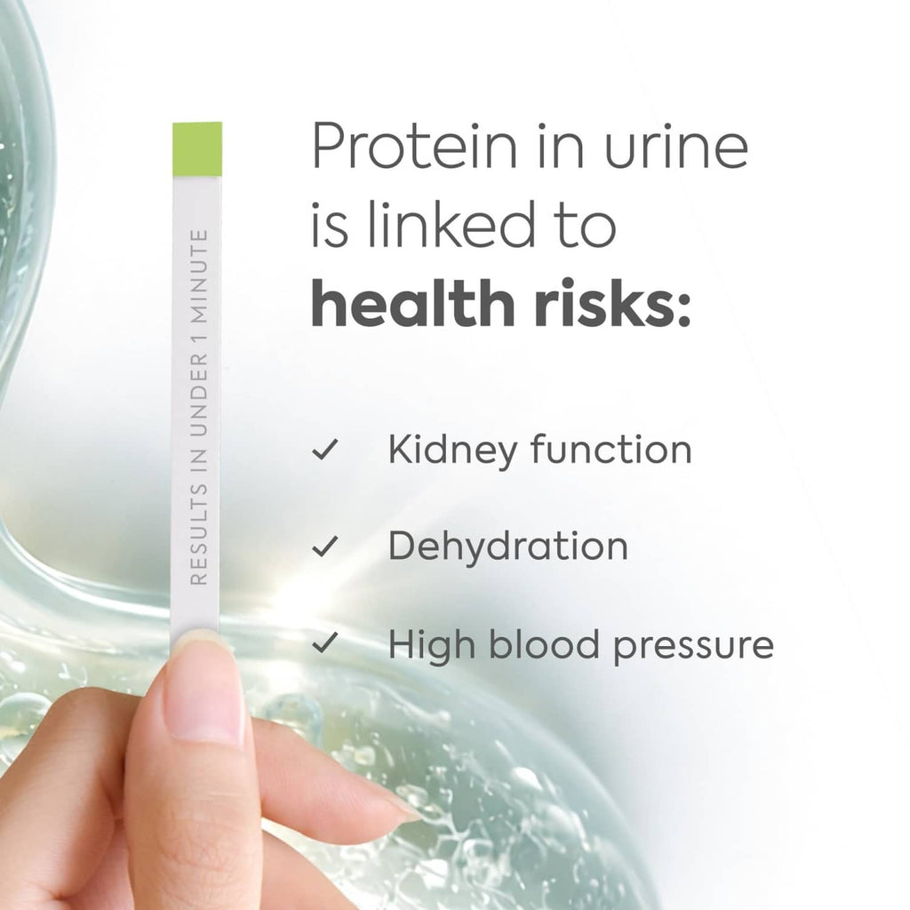 Urine protein test strip dipping into a urine sample cup