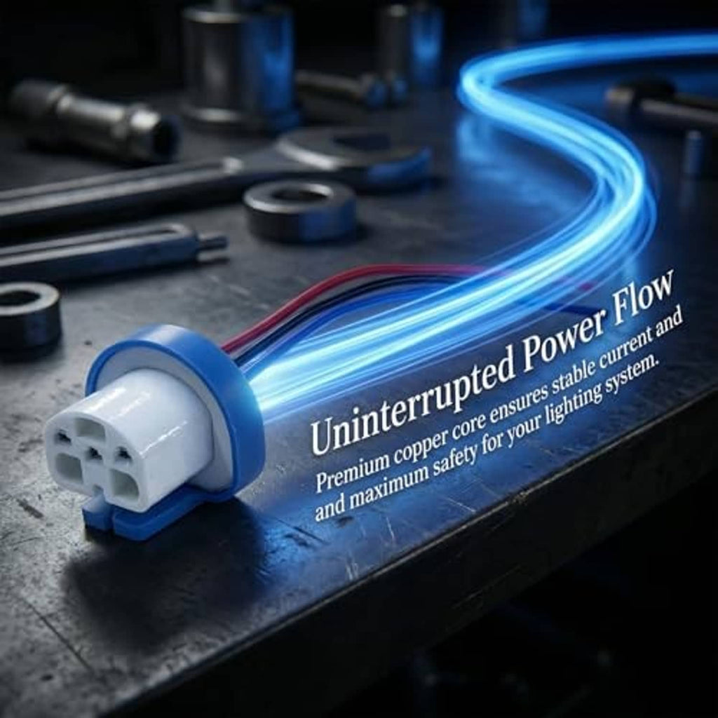 Headlight wiring harness pigtail connector with white plug and blue-ring, red and blue leads