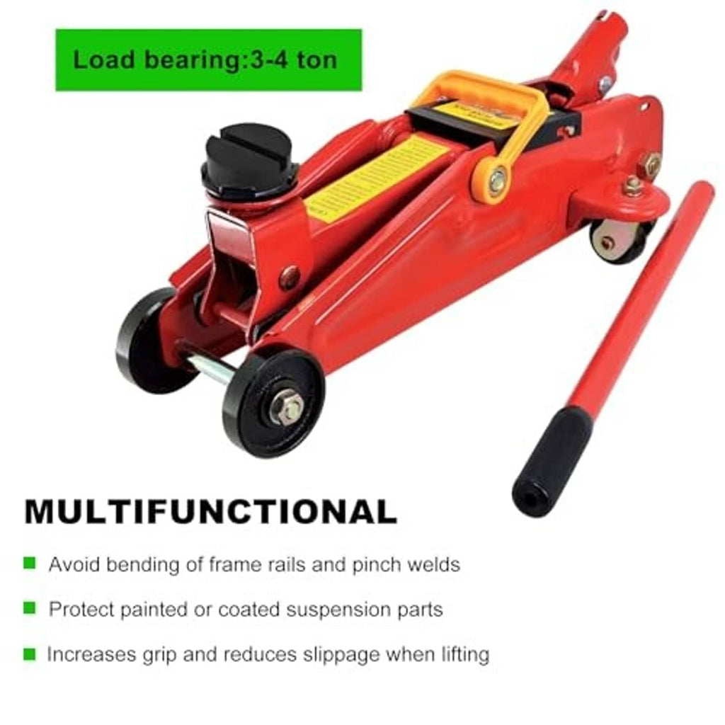 Black rubber jack pad adapters on a red floor jack with two protective pads