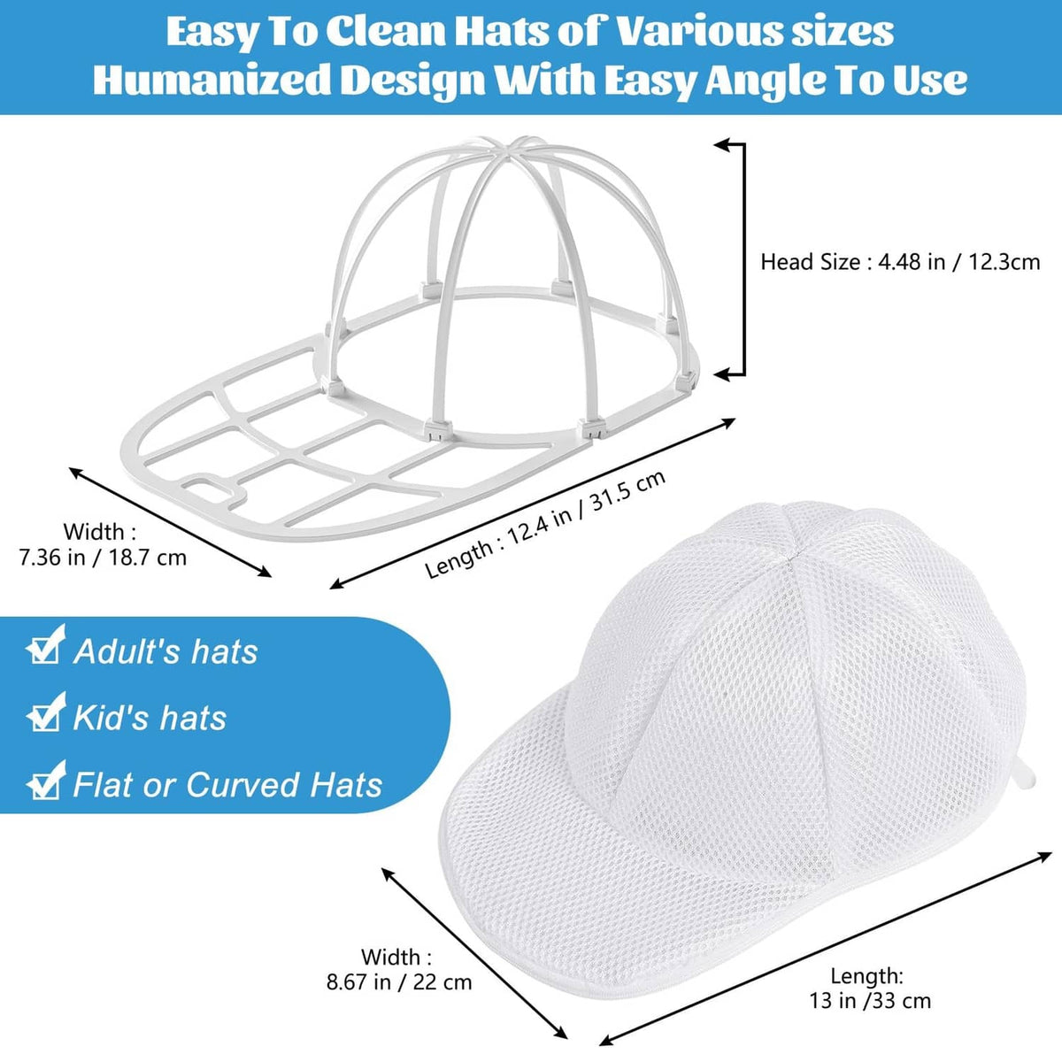 White hat washer cage with mesh design, showing size dimensions for different hat types