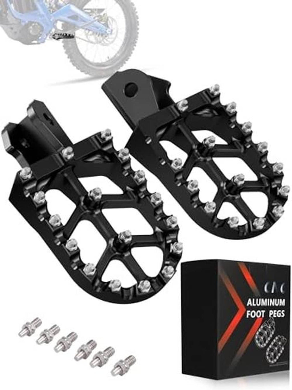 Black aluminum foot peg set with grippy spike studs and included mounting hardware