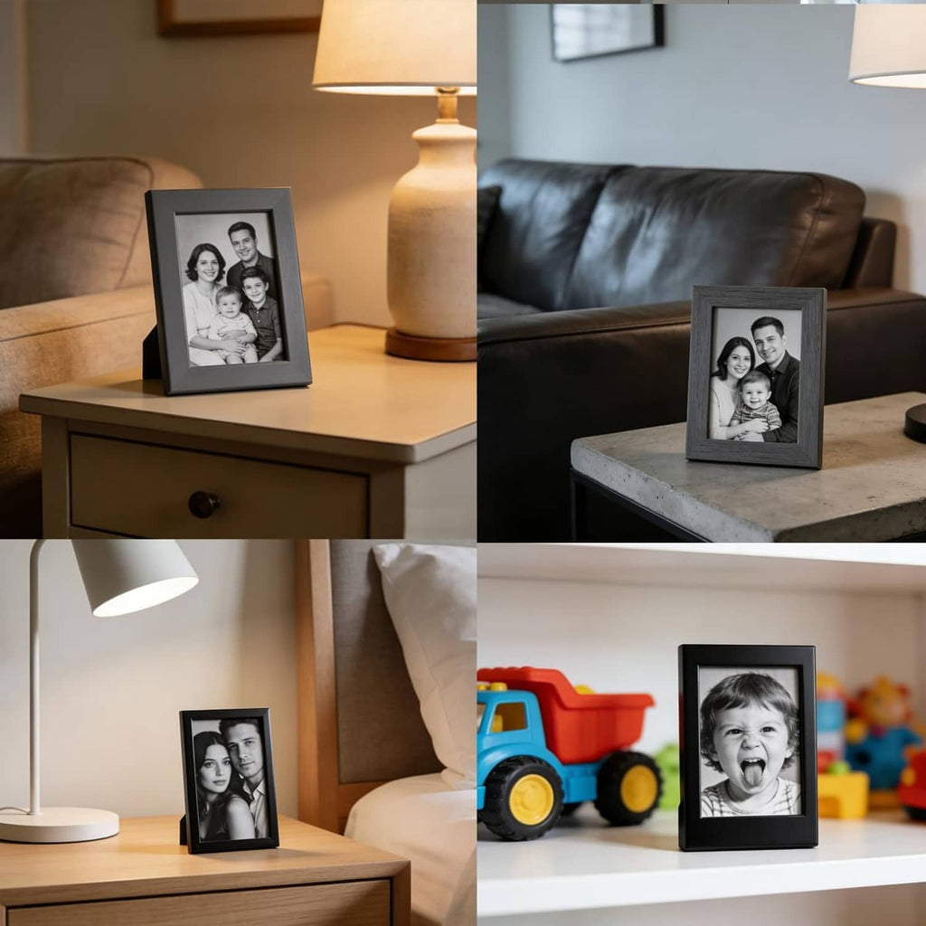 Black tabletop picture frame holding a family photo behind a clear acrylic front