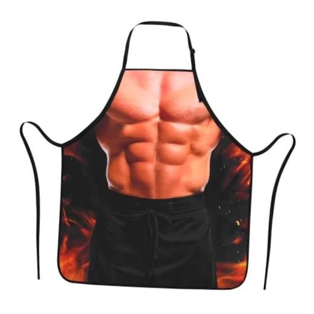 Black grilling apron with orange muscular torso print and adjustable neck strap