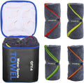 4-pack quick-dry microfiber travel towels, gray terry with neon trim colors, in black pouch