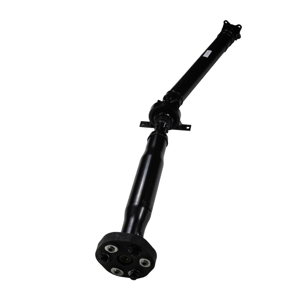 Rear drive propeller shaft with end yoke flanges, black metal assembly