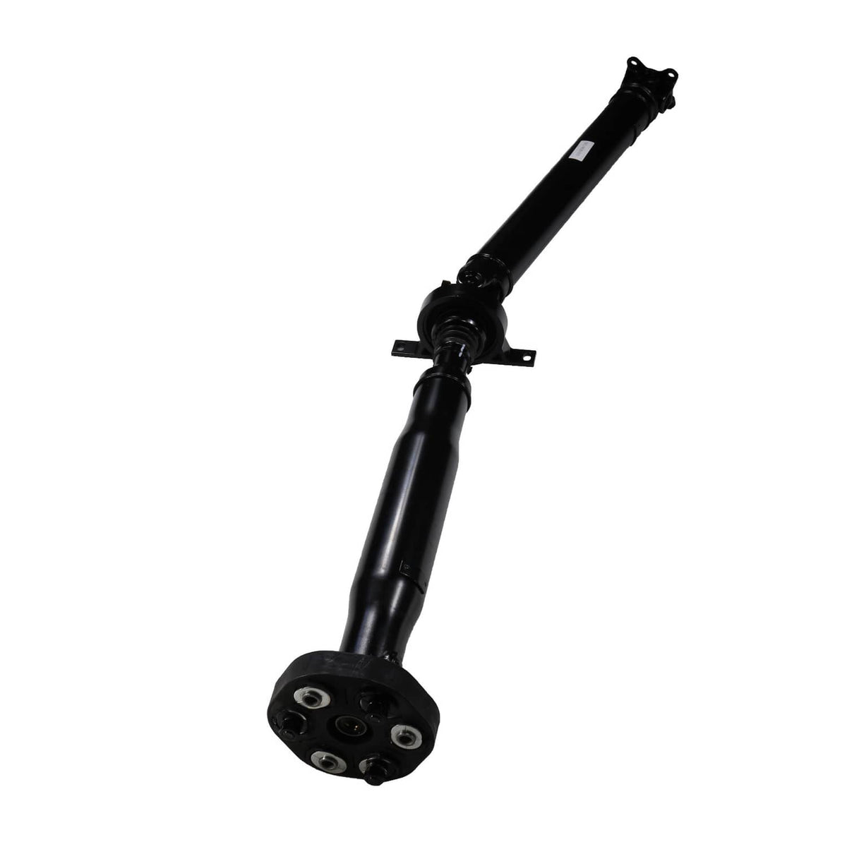 Rear drive propeller shaft with end yoke flanges, black metal assembly