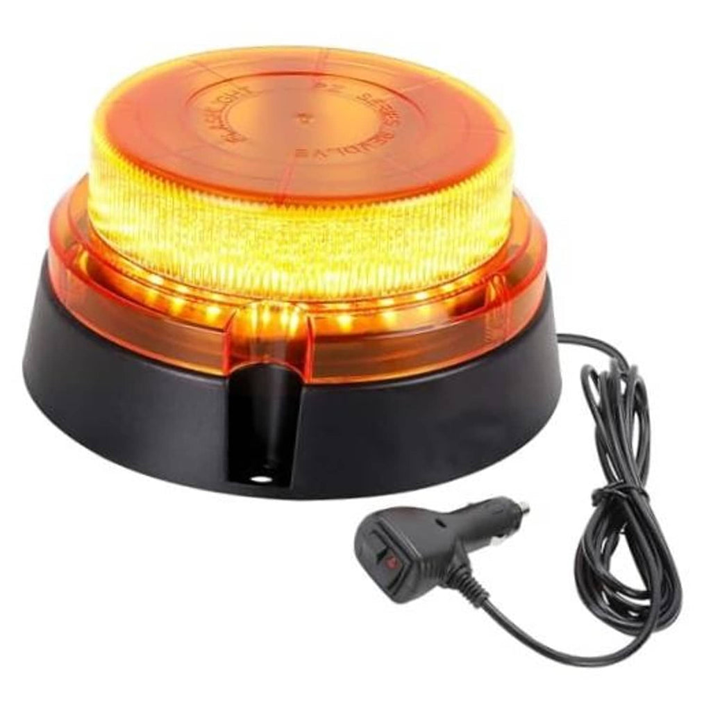 Amber LED strobe beacon light with black base and power cord, 360° dome