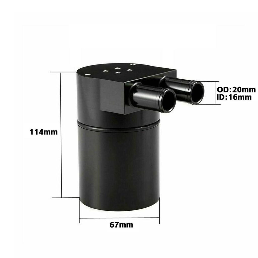 Black oil catch can with dual ports, top plate, and 114 mm by 67 mm sizing