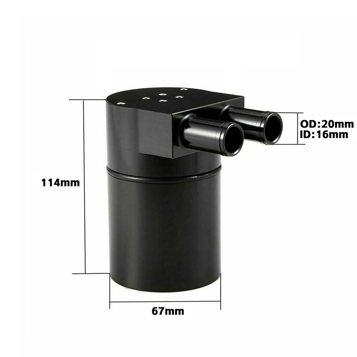 Black oil catch can with dual ports, top plate, and 114 mm by 67 mm sizing
