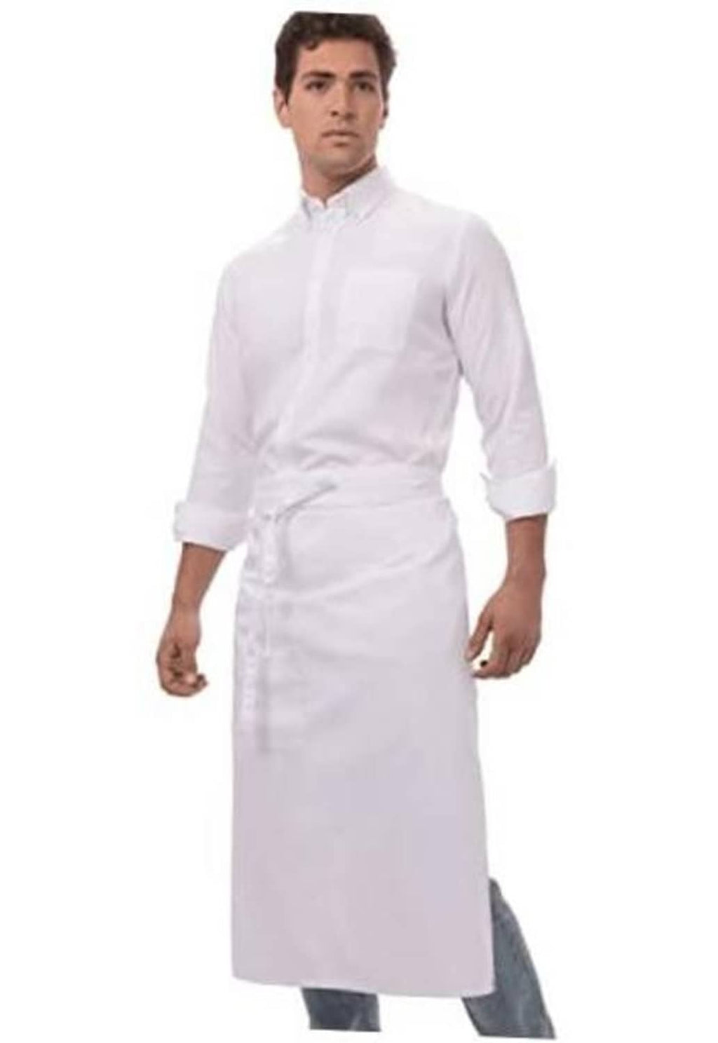 White unisex bistro chef apron with waist ties and front pocket.