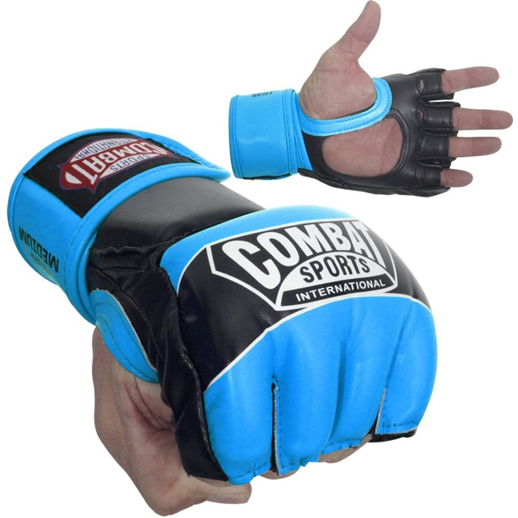 Youth boxing gloves, black with light blue palm, open-finger padded protection