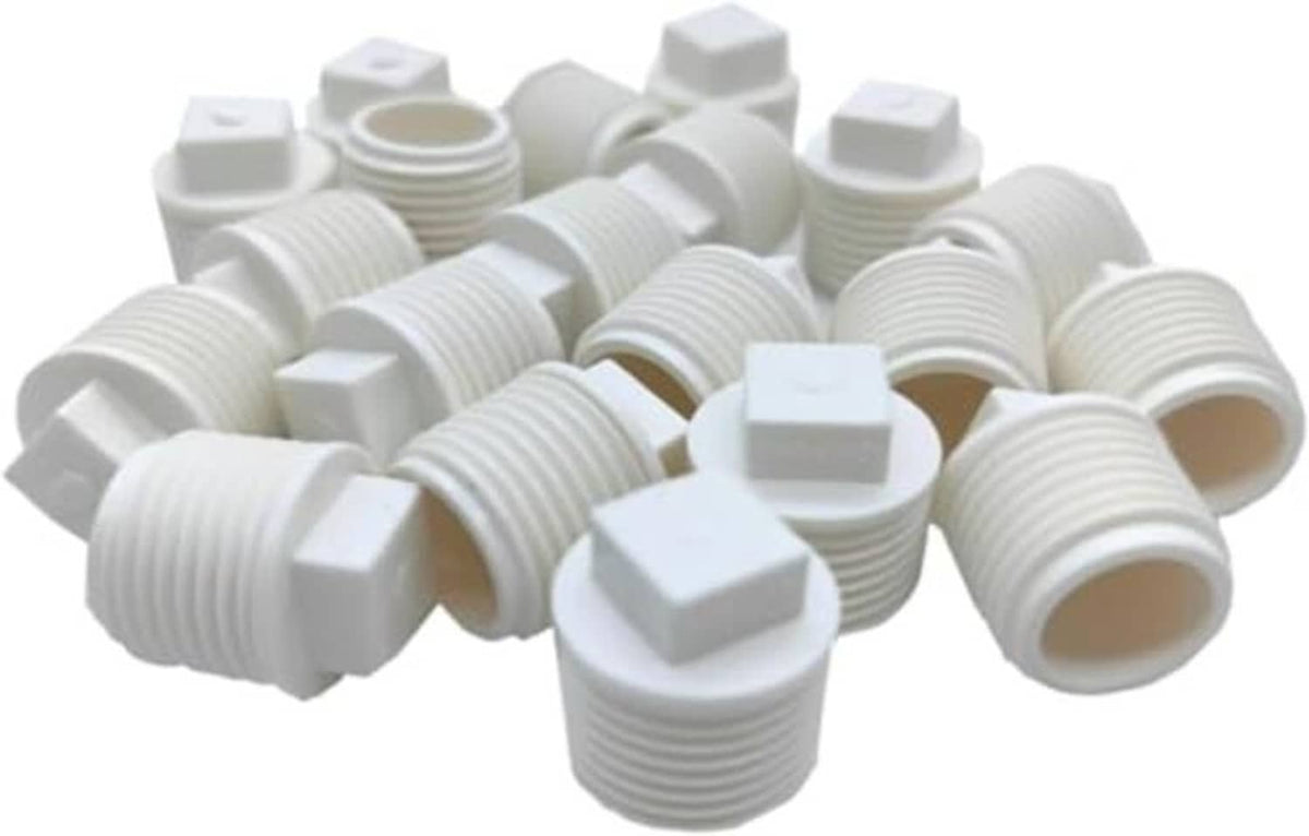 Assorted white PVC male thread plug adaptors with ridged threads and square outer ends