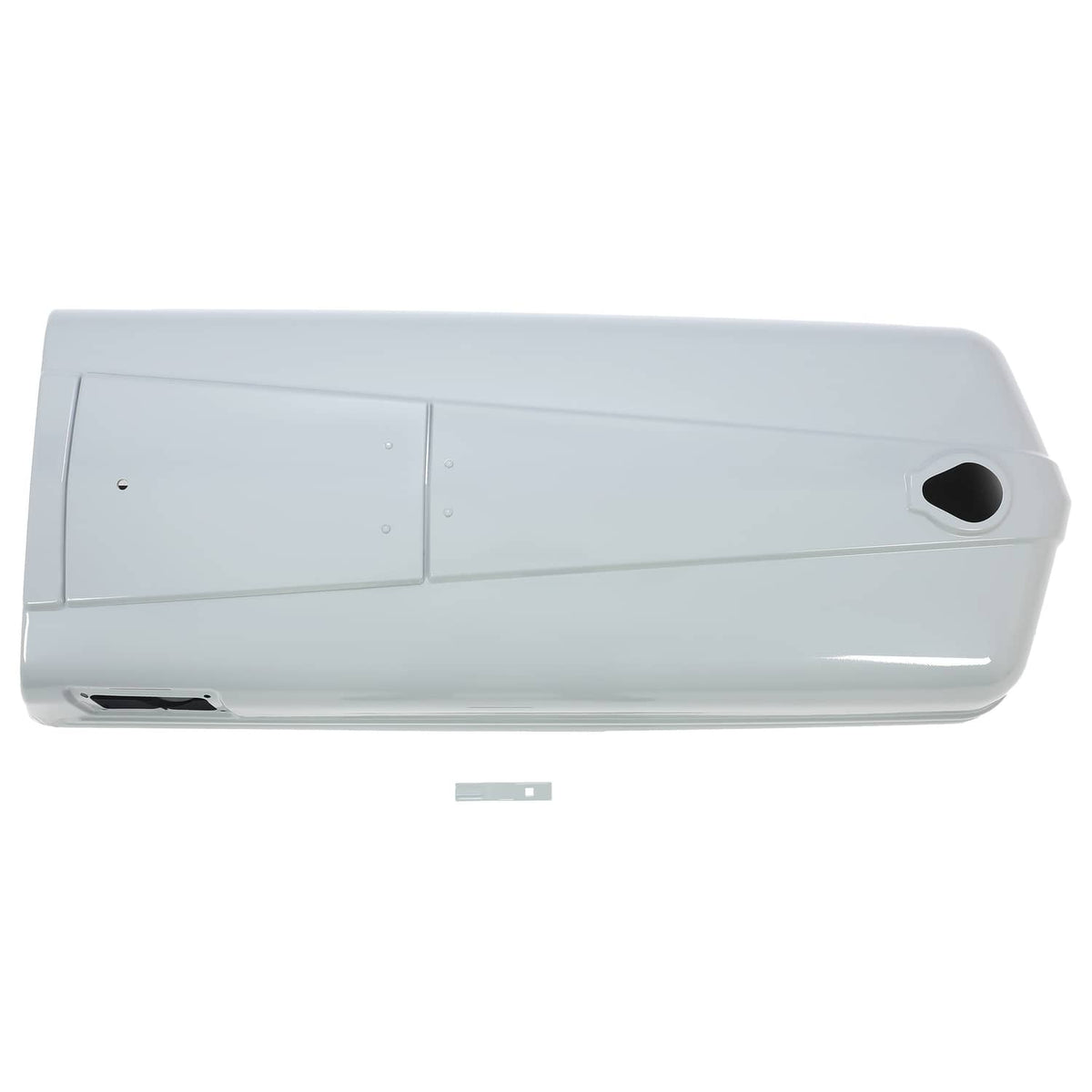 Gray tractor engine hood side panel with black round opening and latch plate