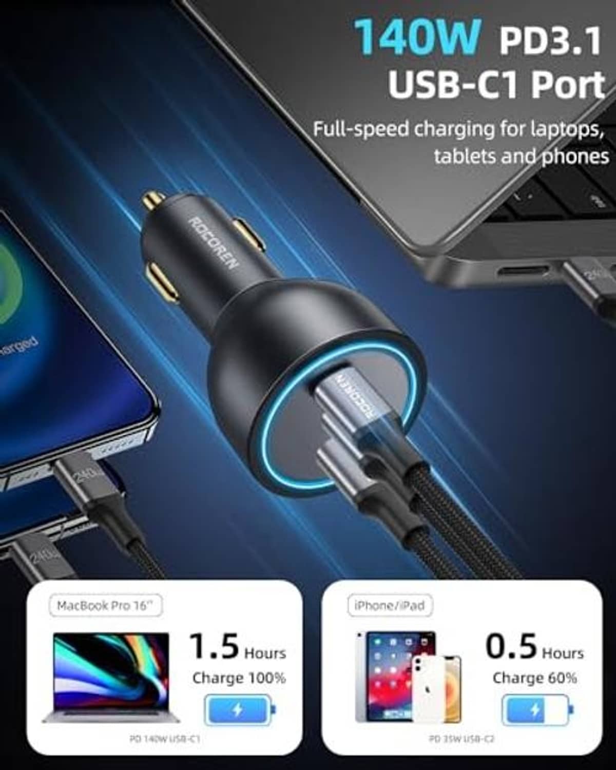 Black car charger with glowing blue ring and connected USB-C cable