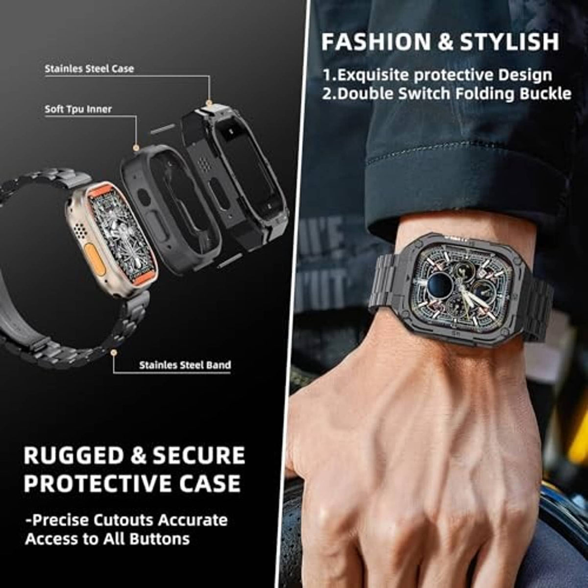 Black smartwatch case protector with steel link band and double clasp
