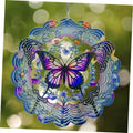 Butterfly wind spinner with blue floral center and purple wings in a layered circular design
