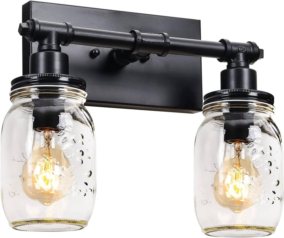 Two-bulb bathroom vanity light: black bar with two clear glass shades and exposed bulbs