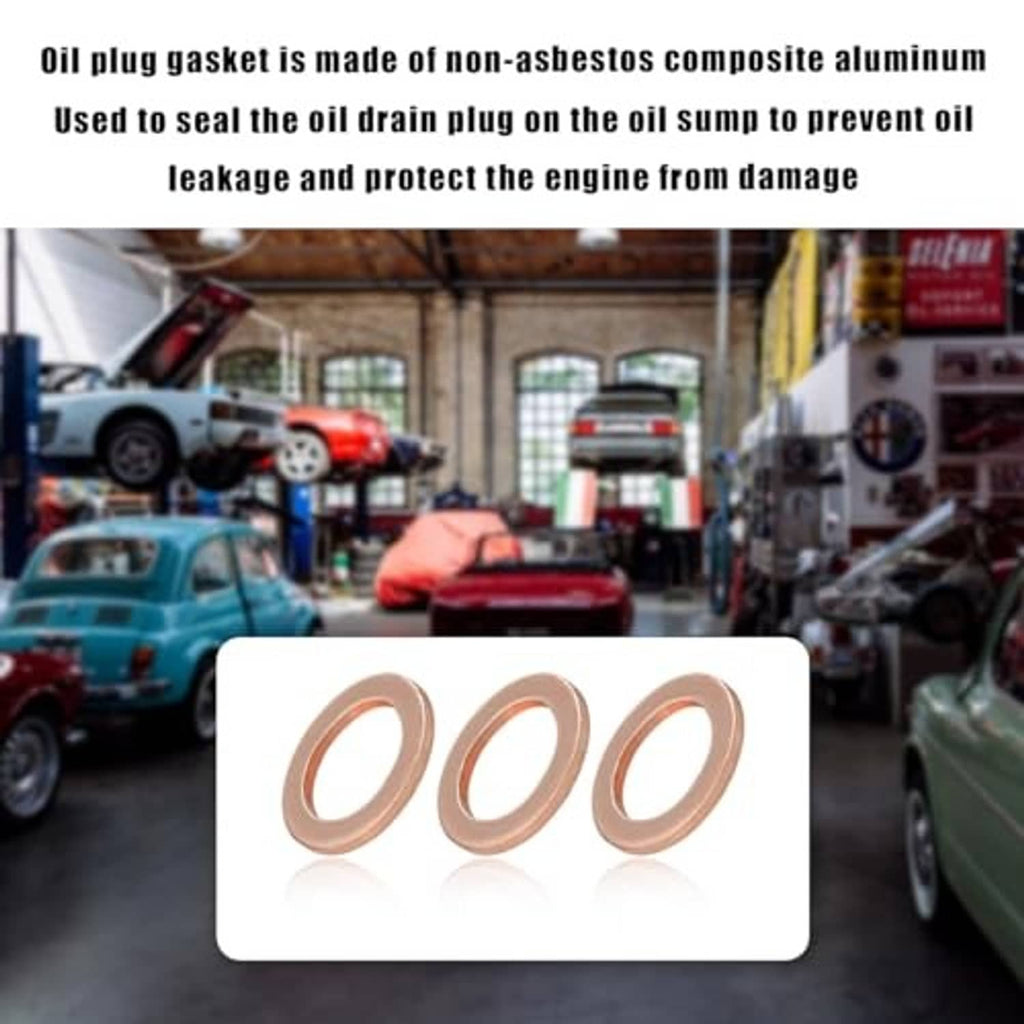 Three copper oil drain plug crush washers, flat circular copper gaskets.