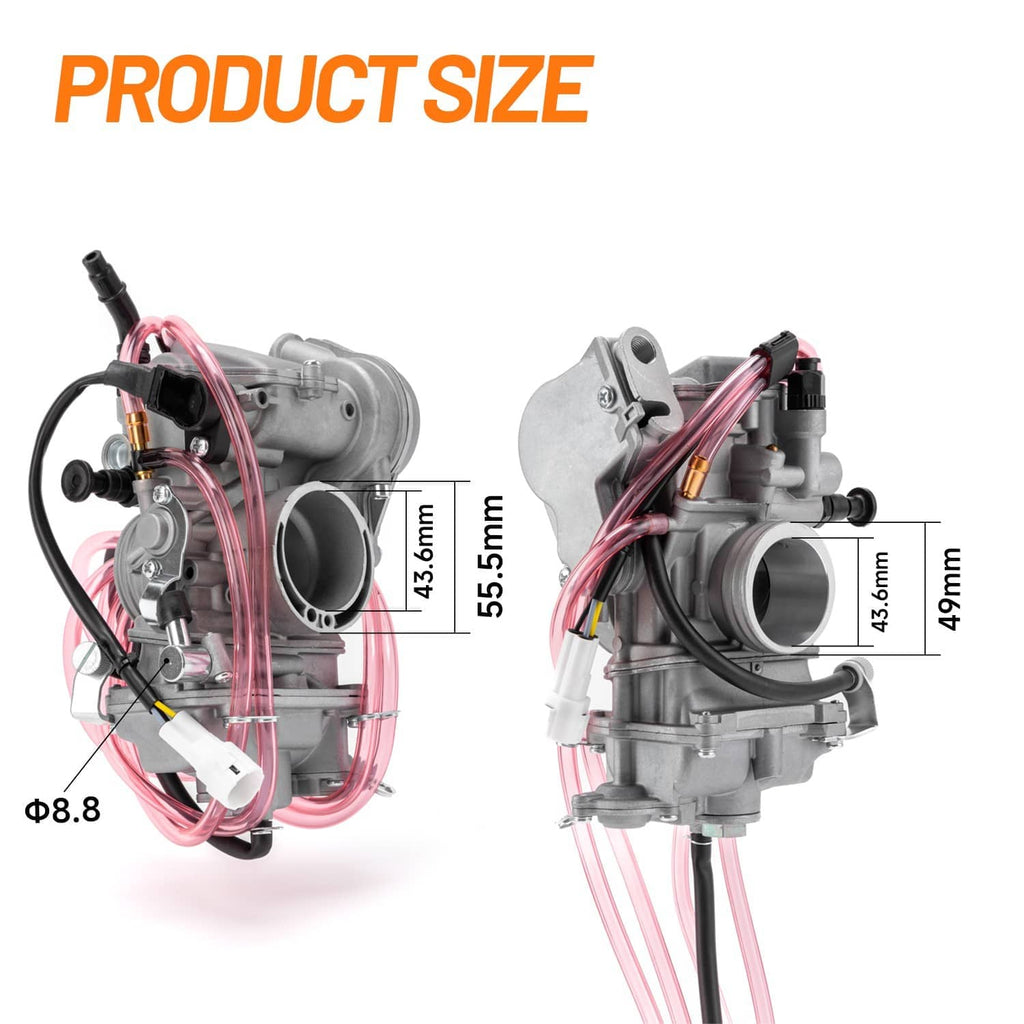 Carburetor assembly shown from two angles with 40mm intake, pink wiring and hoses