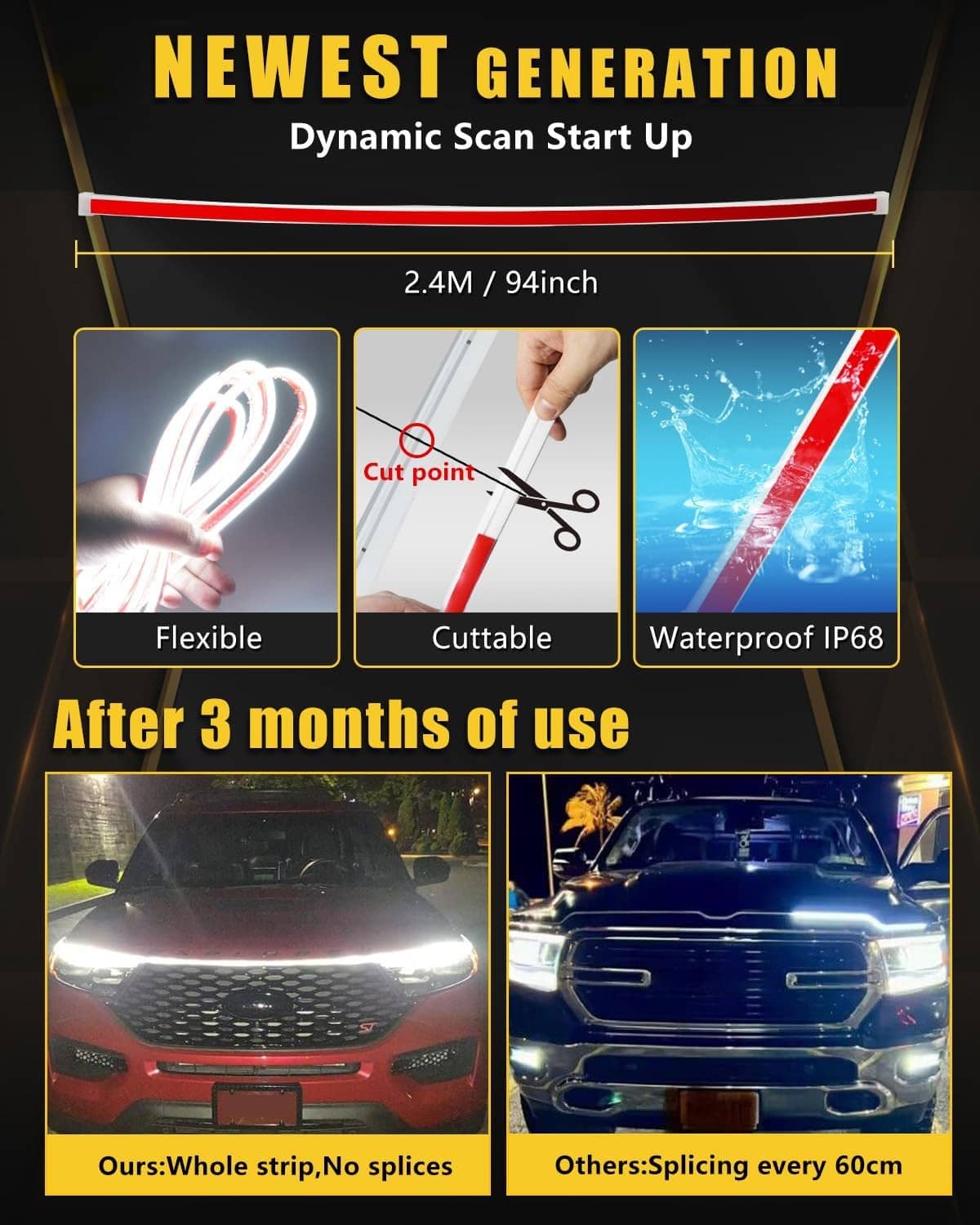 94-inch flexible cuttable waterproof LED hood light strip kit