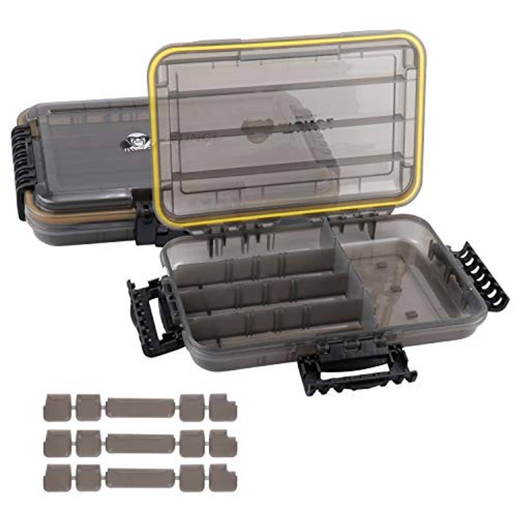 Gray waterproof tackle box open with interior dividers and several divider pieces included