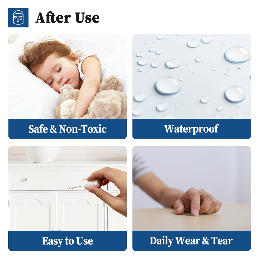 Safe, non-toxic white touch up paint shown on surfaces with water and daily use