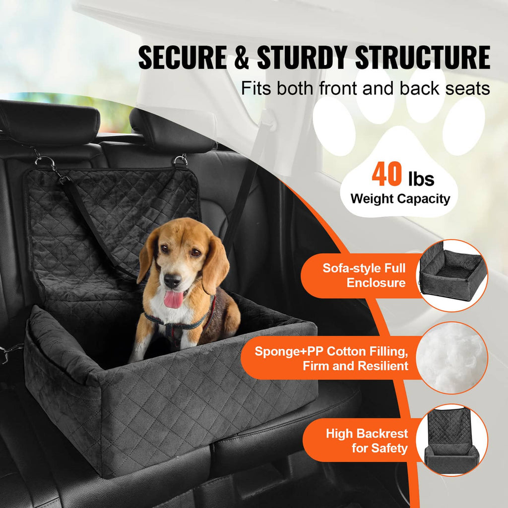 Black dog booster car seat installed on rear seat, quilted backrest and padded base