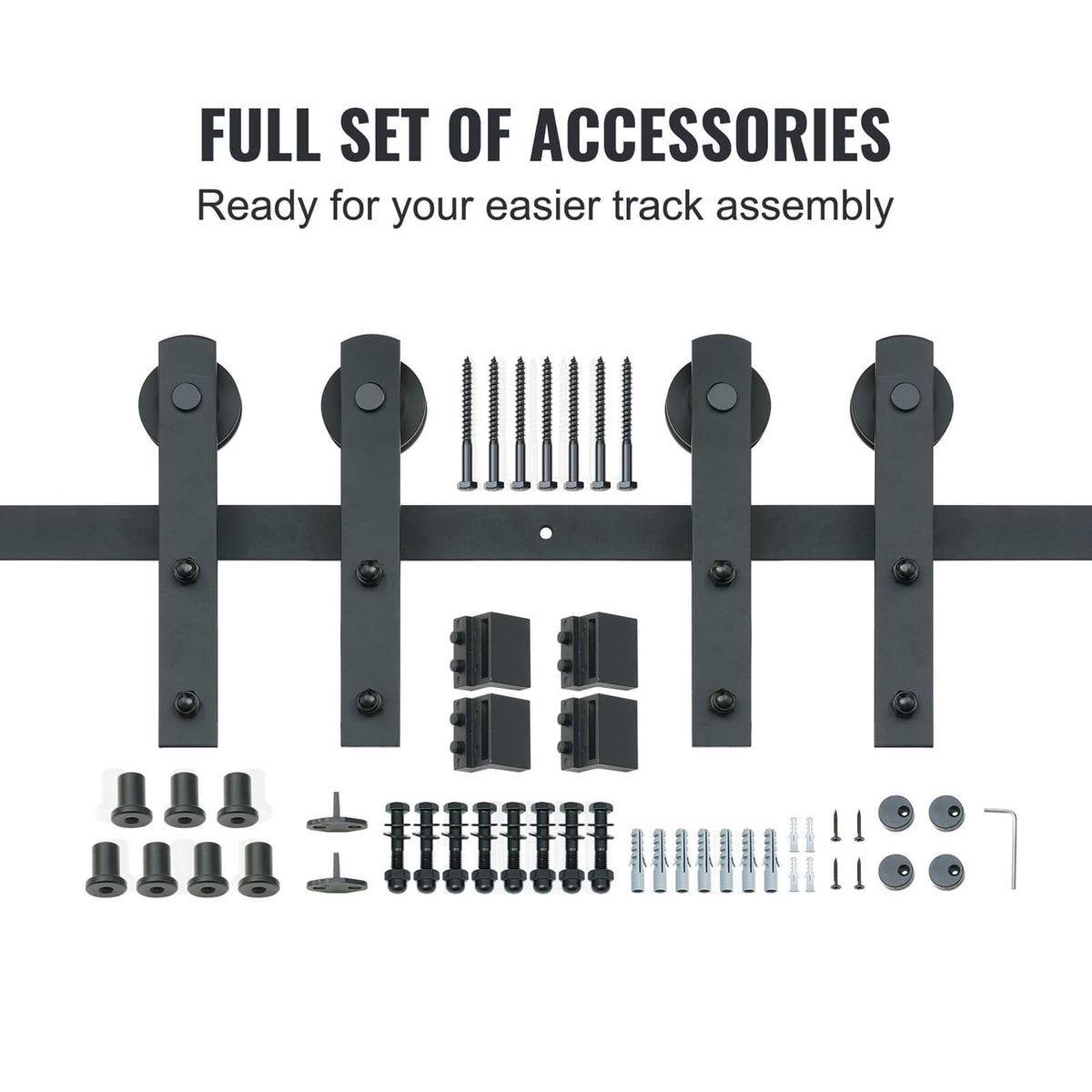 Sliding barn door hardware kit with brackets, screws, and mounting accessories
